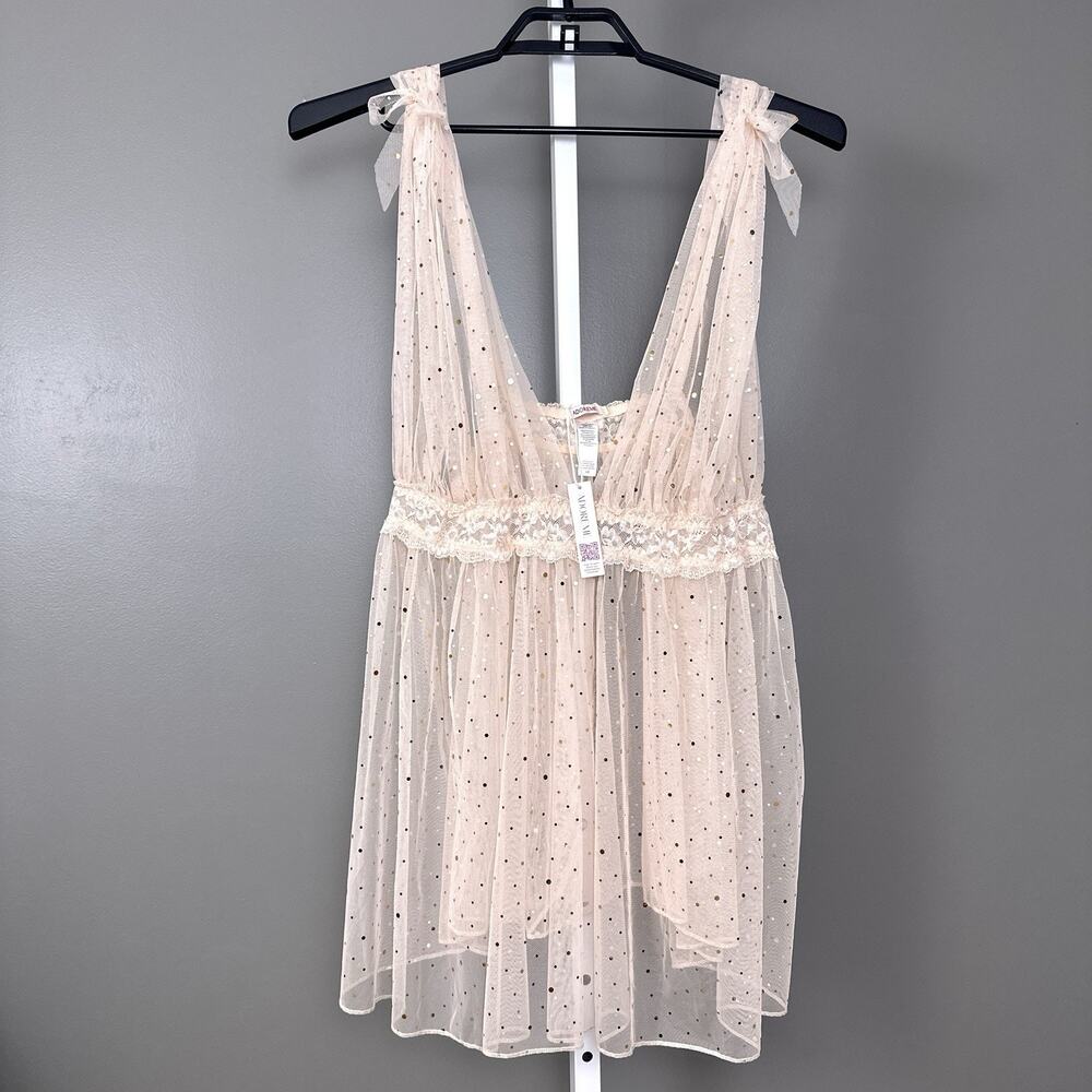 Adore Me Novah 4X Peach Blush Gold Sparkle Mesh Babydoll Lace Lingerie NWT